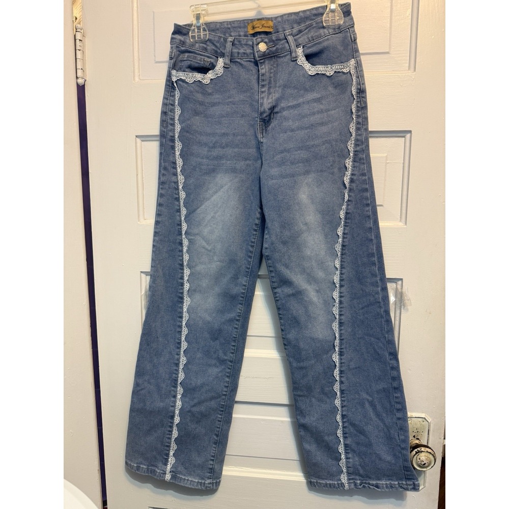 Wave Jeans Size 9 Lace Trim Wide Leg Light Wash Denim Coquette Cottagecore Y2K